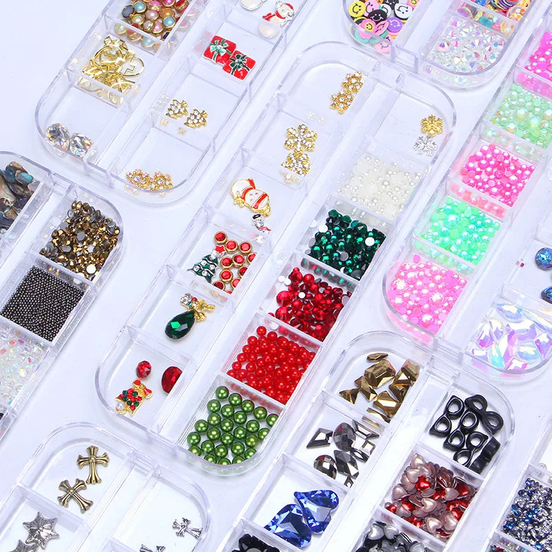 CHS044 12 grid boxed Christmas and Halloween mixed rivet jewelry rhinestone snowflake sequined pearl nail art jewelry