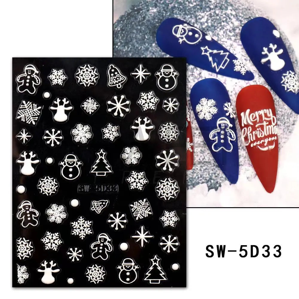 CHS034  5D White Snowflakes Embossed Sticker Christmas New Year Nail Art Design Winter Charm Flower Manicure Slider Decals Nail Supplies