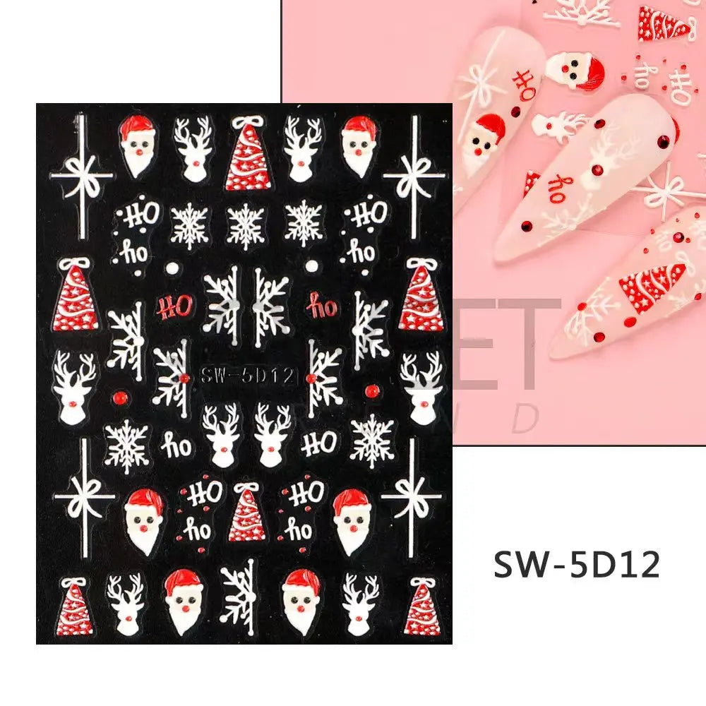 CHS034  5D White Snowflakes Embossed Sticker Christmas New Year Nail Art Design Winter Charm Flower Manicure Slider Decals Nail Supplies