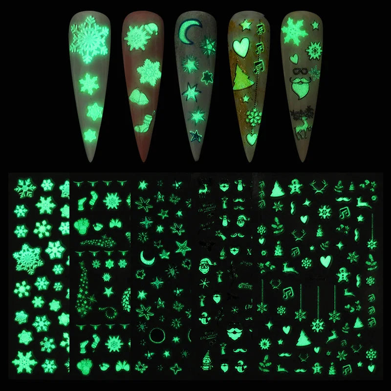 CHS021  Luminous Nail Art Sticker Christmas Snowflake Patterns 3D Nail Decoration Decals Transfer Glow in Dark 1 Sheet