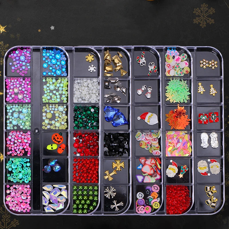 CHS044 12 grid boxed Christmas and Halloween mixed rivet jewelry rhinestone snowflake sequined pearl nail art jewelry