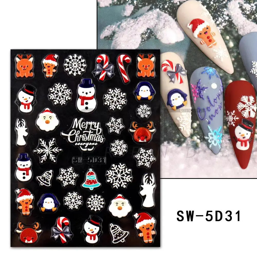 CHS034  5D White Snowflakes Embossed Sticker Christmas New Year Nail Art Design Winter Charm Flower Manicure Slider Decals Nail Supplies