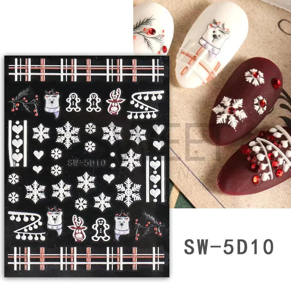 CHS034  5D White Snowflakes Embossed Sticker Christmas New Year Nail Art Design Winter Charm Flower Manicure Slider Decals Nail Supplies