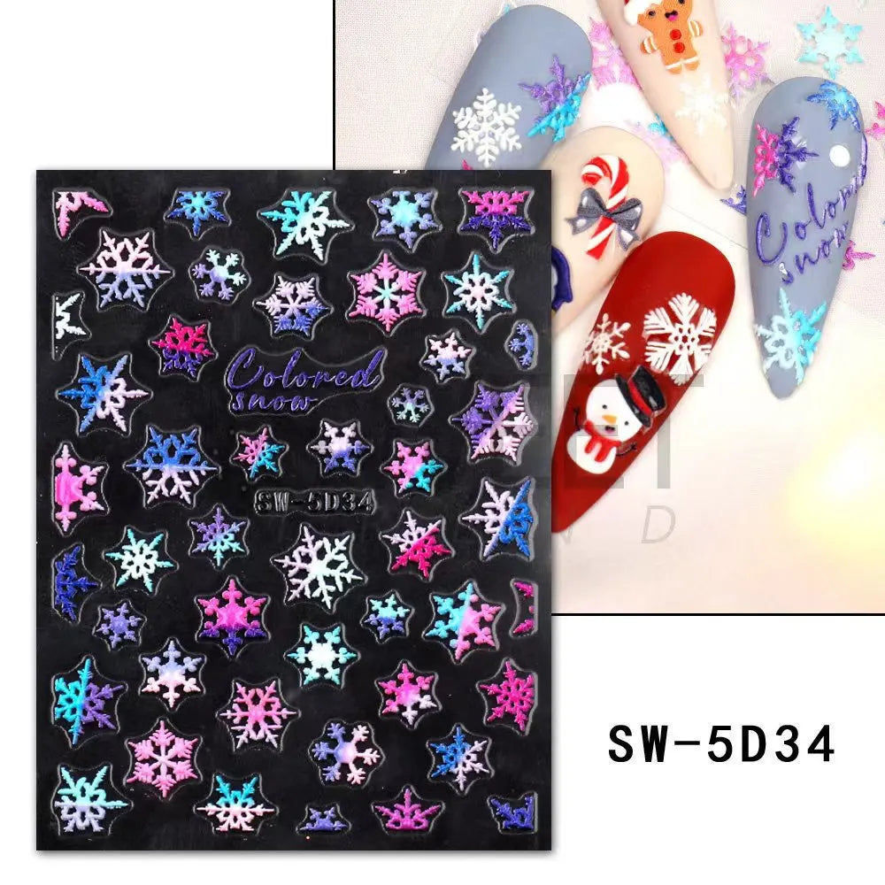 CHS034  5D White Snowflakes Embossed Sticker Christmas New Year Nail Art Design Winter Charm Flower Manicure Slider Decals Nail Supplies