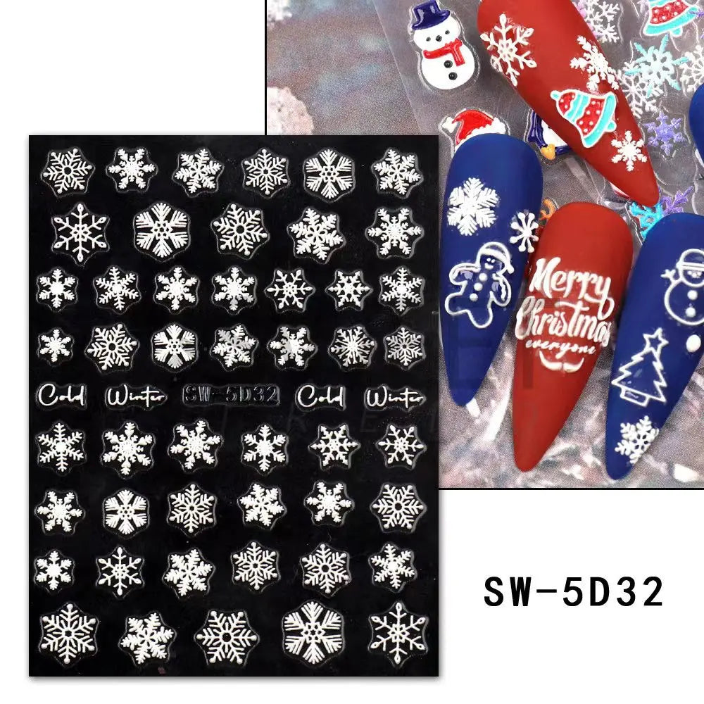 CHS034  5D White Snowflakes Embossed Sticker Christmas New Year Nail Art Design Winter Charm Flower Manicure Slider Decals Nail Supplies