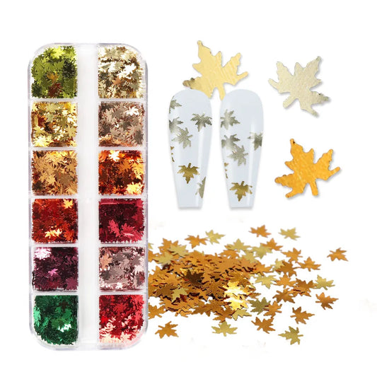 CHS014  12 Grids/Box Gold Maple Leaf Sequins Laser Color Leaves Christmas Thanksgiving Nail Art Sequins