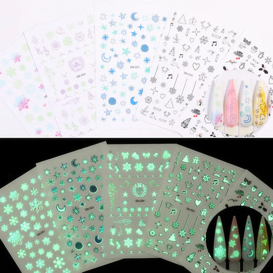 CHS021  Luminous Nail Art Sticker Christmas Snowflake Patterns 3D Nail Decoration Decals Transfer Glow in Dark 1 Sheet