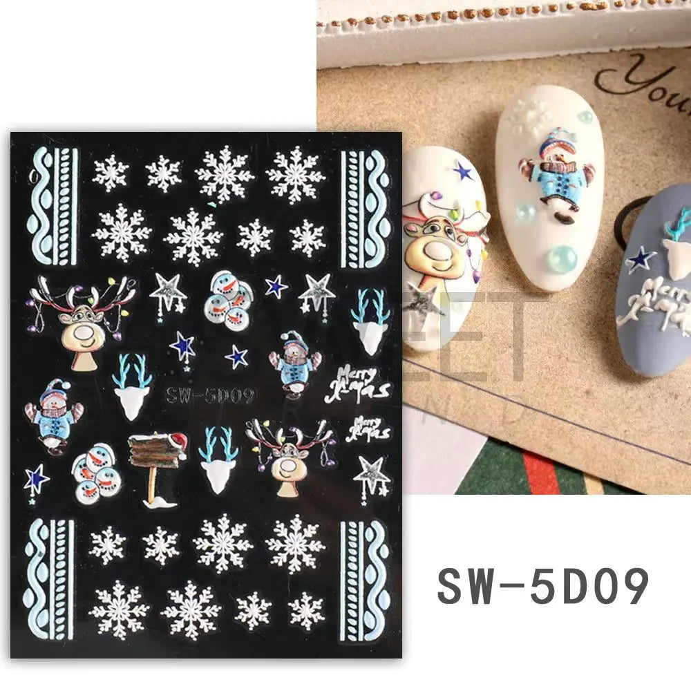 CHS034  5D White Snowflakes Embossed Sticker Christmas New Year Nail Art Design Winter Charm Flower Manicure Slider Decals Nail Supplies