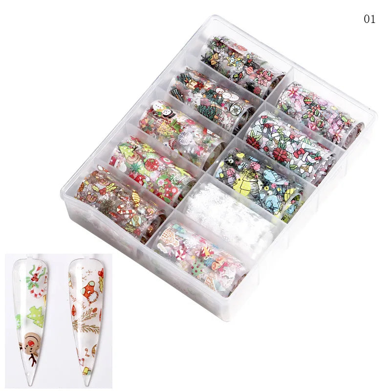 CHS016  Set of 10pcs christmas Nail Foil (10 colors) transfer Paper Decals Nail Art Transfer Sticker Halloween Nail Tool