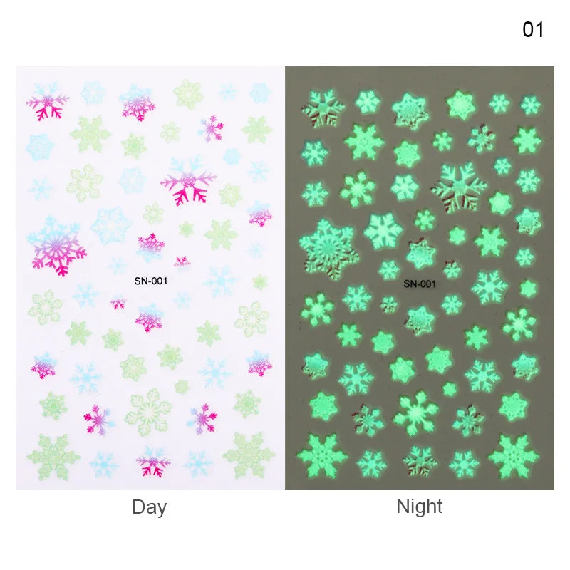 CHS021  Luminous Nail Art Sticker Christmas Snowflake Patterns 3D Nail Decoration Decals Transfer Glow in Dark 1 Sheet