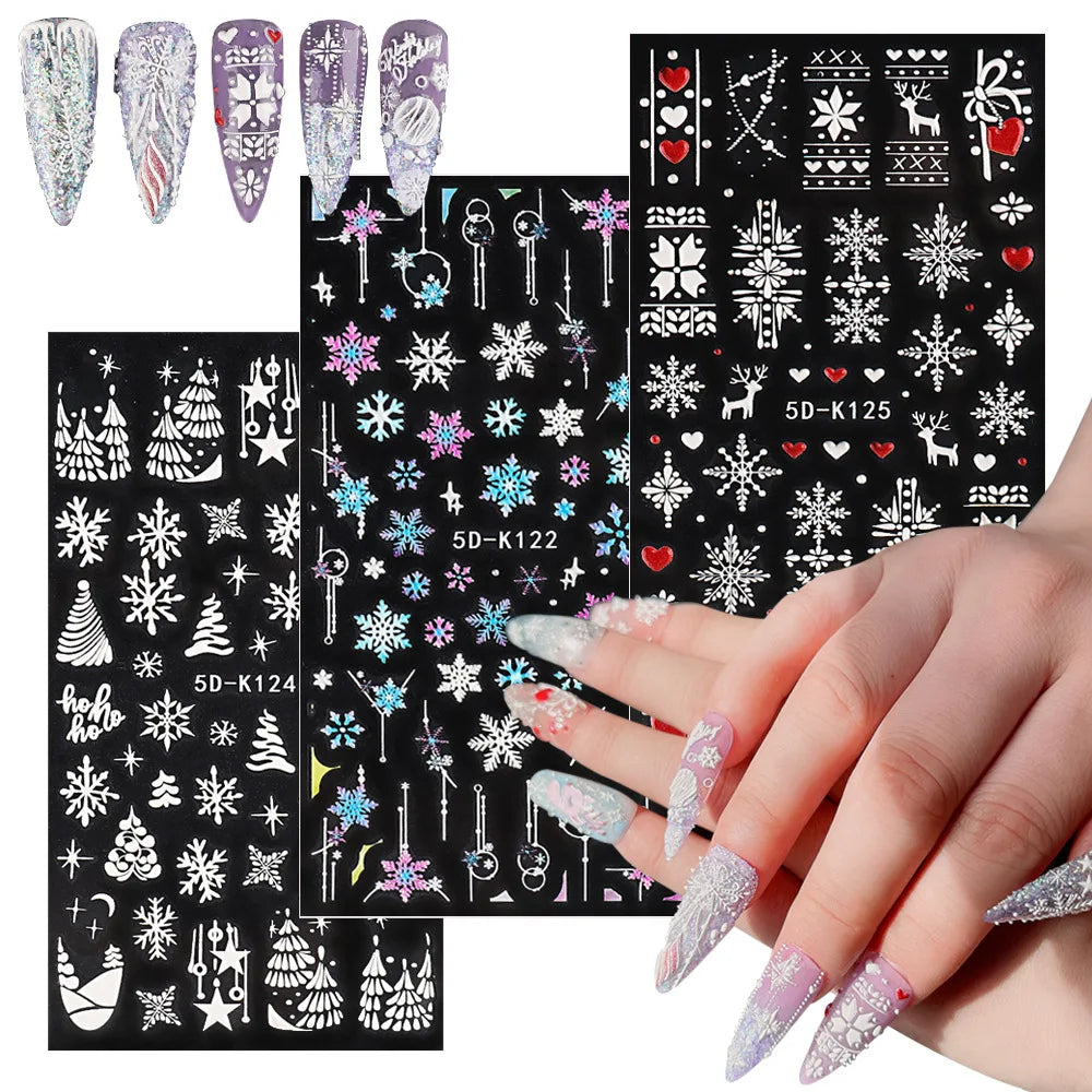 CHS031  Tik Tok Hot 5d Christmas White Snowflake Elk Nail Sticker Decals Transfer Foil Nail Art Stickers Manicure