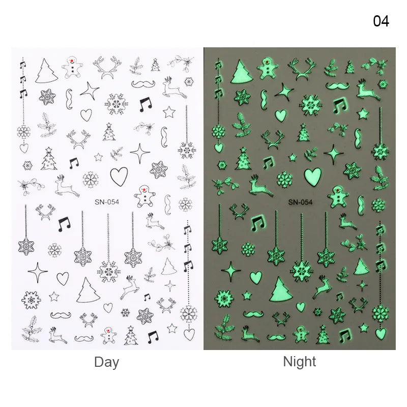 CHS021  Luminous Nail Art Sticker Christmas Snowflake Patterns 3D Nail Decoration Decals Transfer Glow in Dark 1 Sheet