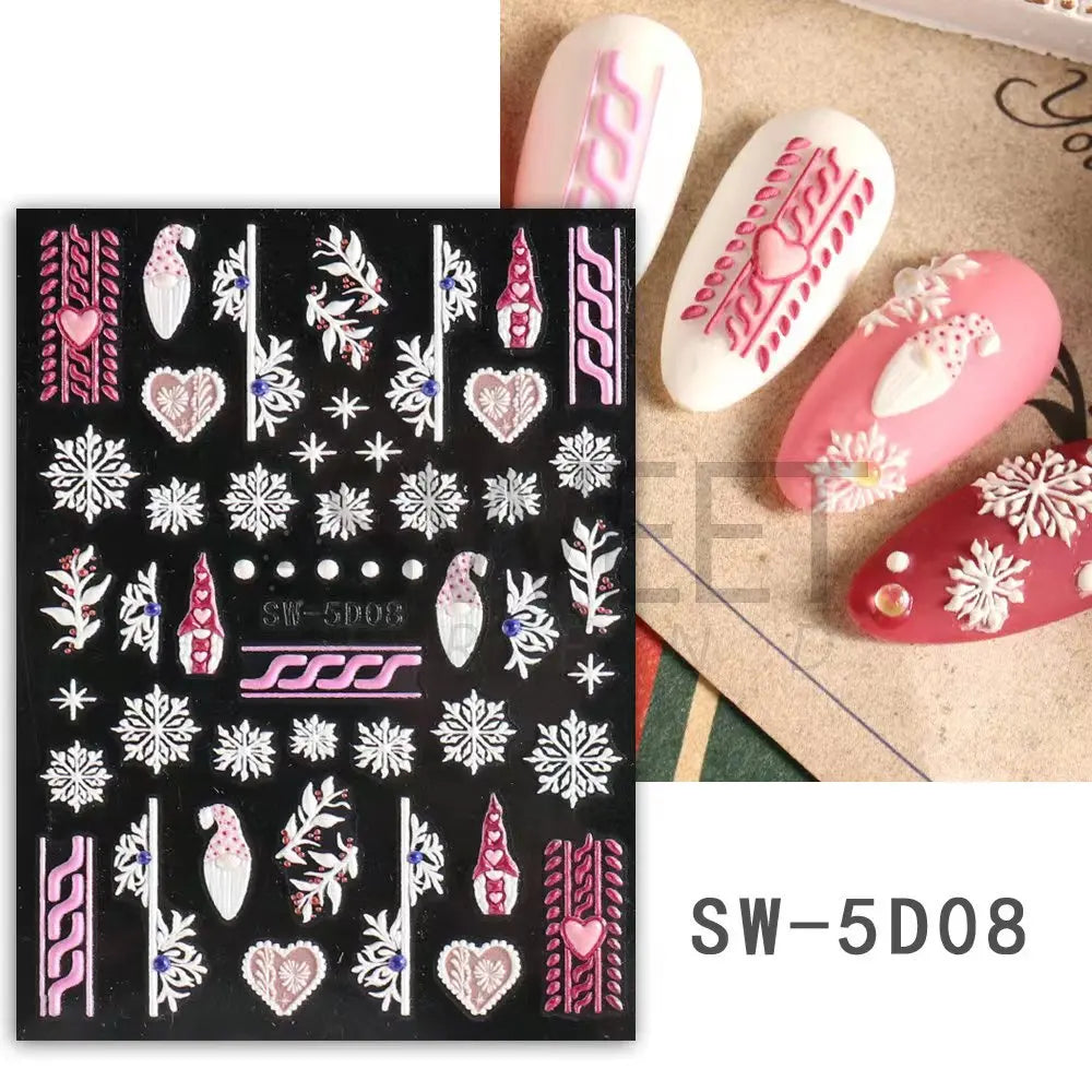 CHS034  5D White Snowflakes Embossed Sticker Christmas New Year Nail Art Design Winter Charm Flower Manicure Slider Decals Nail Supplies