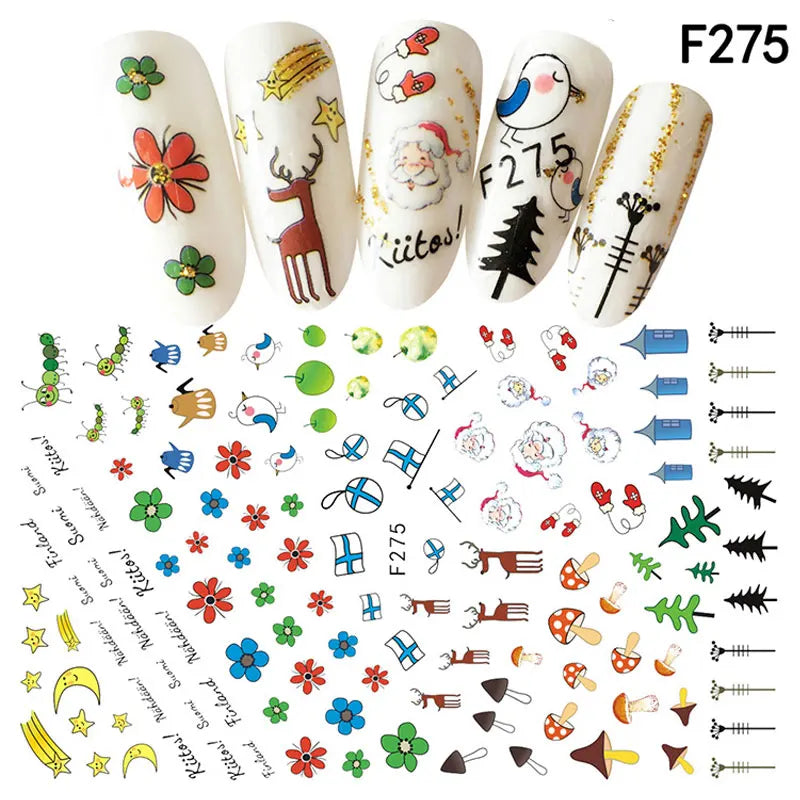 CHS046  1Pcs Christmas Series 3d Adhesive Nail Stickers Decorations Snowman Boots Tress Xmas Designs Nail Beauty Stickers