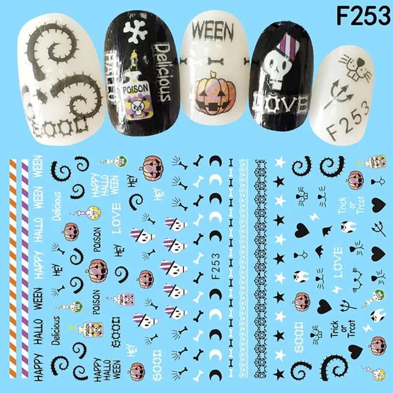 CHS038  New Skull Pumpkkin Halloween Nail Art Stickers Decorations 3d Adhesive Salon Beauty Nail Stickers