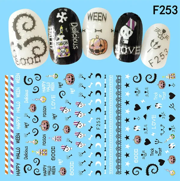 CHS038  New Skull Pumpkkin Halloween Nail Art Stickers Decorations 3d Adhesive Salon Beauty Nail Stickers