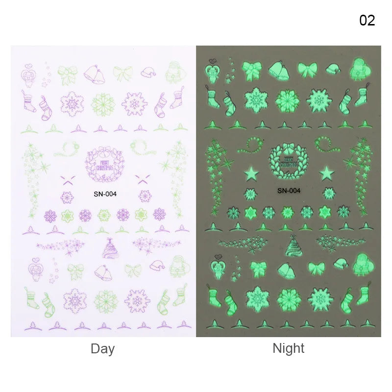 CHS021  Luminous Nail Art Sticker Christmas Snowflake Patterns 3D Nail Decoration Decals Transfer Glow in Dark 1 Sheet