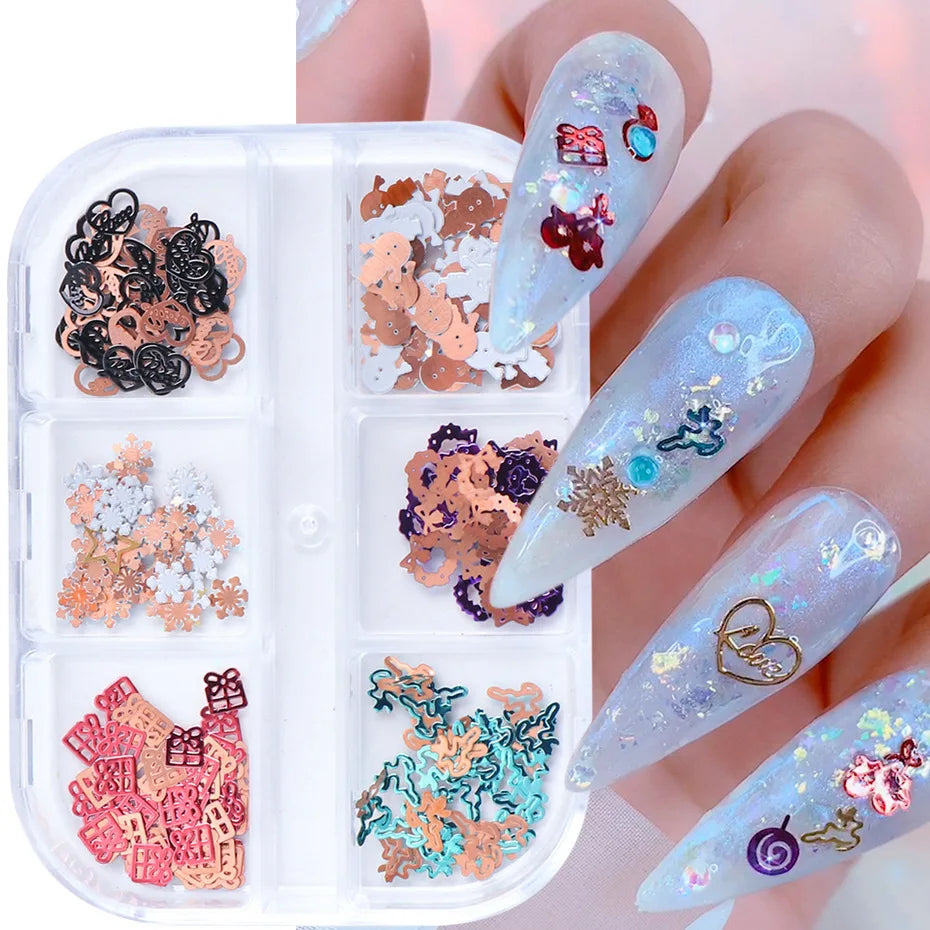 CHS026  Winter Nail Art jewelry Christmas Golden Hollow Computer Tablet Snow Bell Elk Nail Flakes Boxed