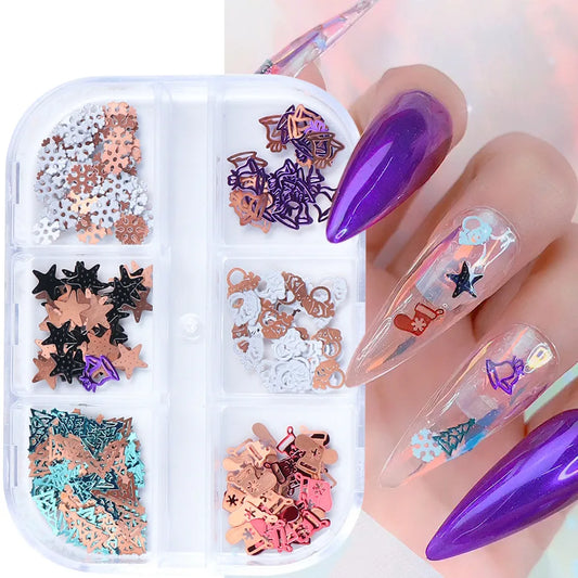 CHS026  Winter Nail Art jewelry Christmas Golden Hollow Computer Tablet Snow Bell Elk Nail Flakes Boxed