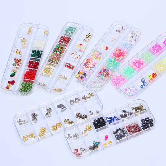 CHS044 12 grid boxed Christmas and Halloween mixed rivet jewelry rhinestone snowflake sequined pearl nail art jewelry