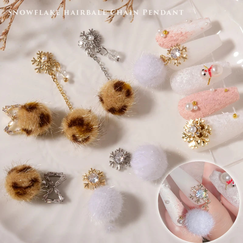 CHS036  New creative nail art zircon jewelry snowflake leopard hair ball tassel pendant nail decoration christmas new year jewelry