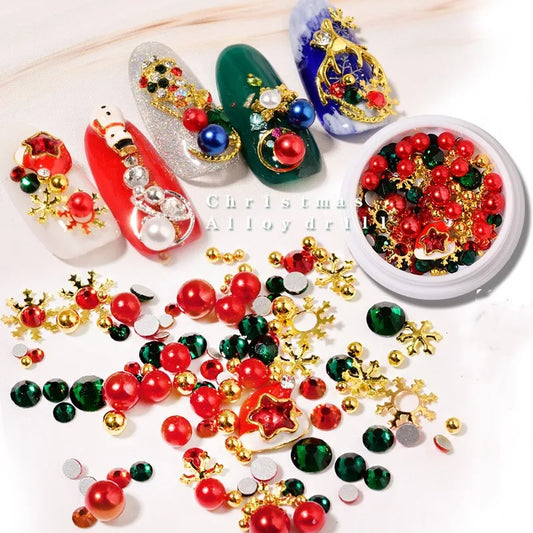 CHS008  Christmas Nail Wheel Glitter Rhinestone Nail Art Decorations Mixed Snowflake Santa Hats 3D Metal Alloy Jewelry