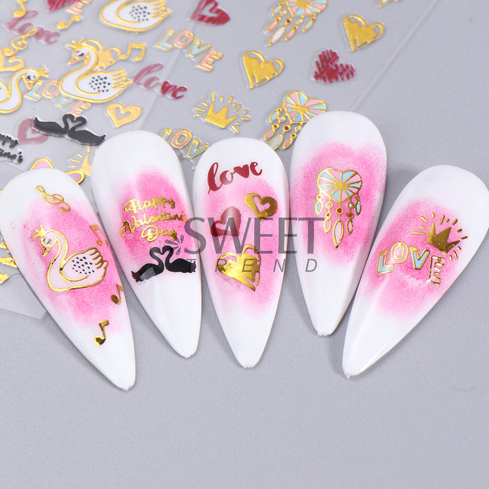 VAL015  New Valentine's Day Nail Art Stickers Bronzing Heart Cupid Lips Black Swan Adhesive Nail Decals