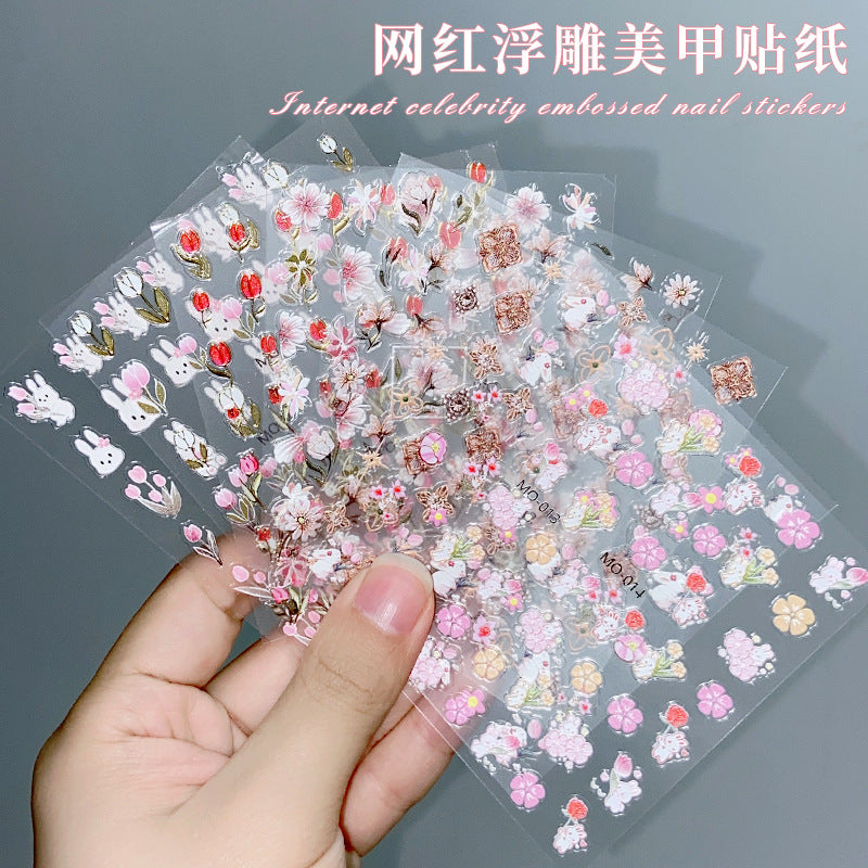 NDE072 Embossed 5D three-dimensional bronzing tulip cherry blossom rose rabbit nail art sticker