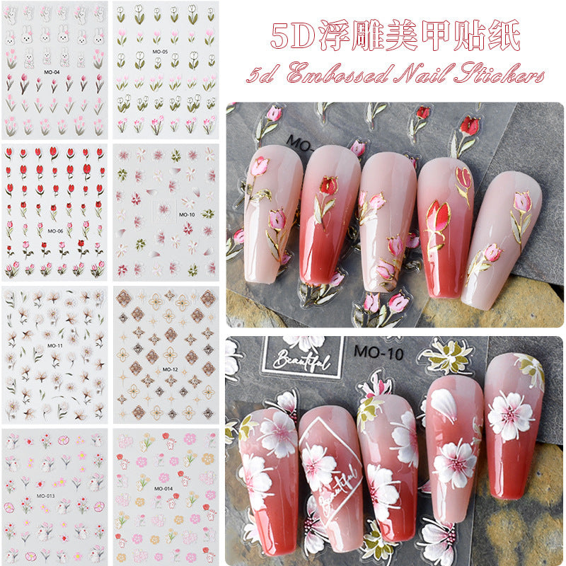 NDE072 Embossed 5D three-dimensional bronzing tulip cherry blossom rose rabbit nail art sticker