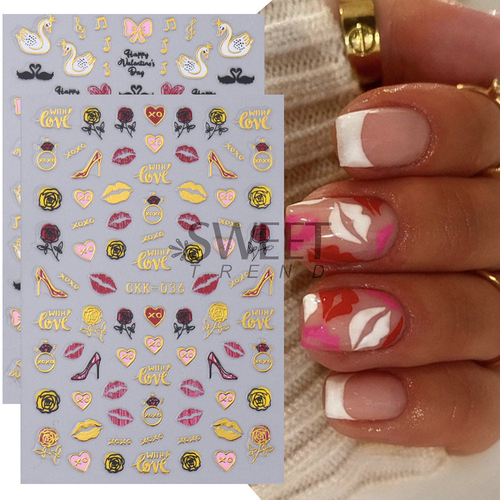 VAL015  New Valentine's Day Nail Art Stickers Bronzing Heart Cupid Lips Black Swan Adhesive Nail Decals