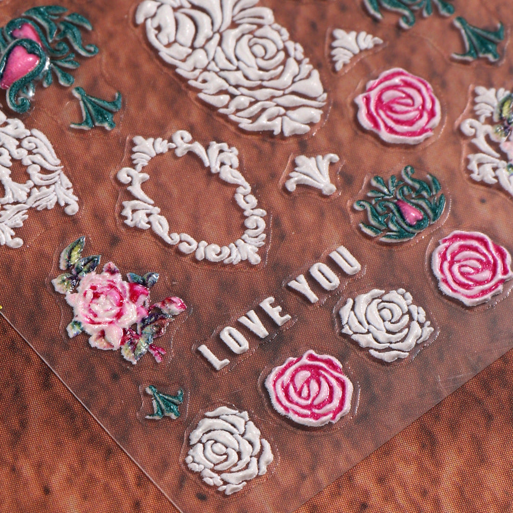 VAL029 Valentine's Day Nail Art Stickers Wholesale ins Retro 5D Embossed Red Rose Spring Flower Nail Stickers