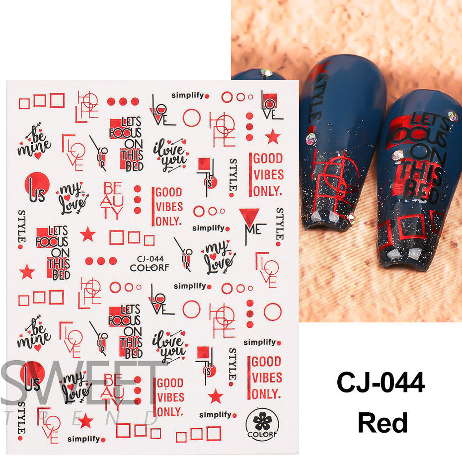 VAL022  Valentine's Day Nail Art Stickers Wholesale 3D Hot Stamping Laser Red Black Line Love Rose Lips Nail Stickers