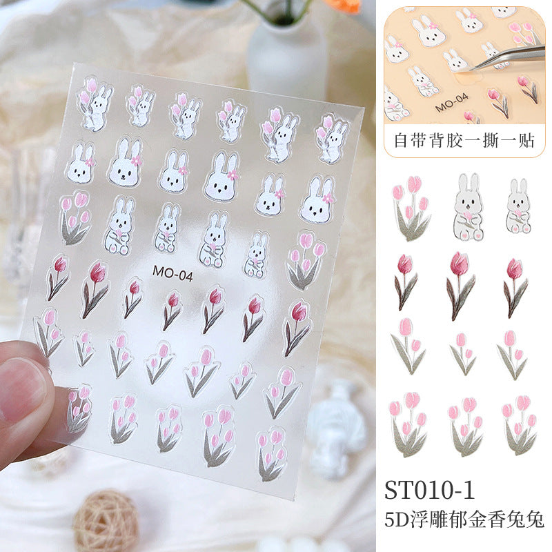 NDE072 Embossed 5D three-dimensional bronzing tulip cherry blossom rose rabbit nail art sticker