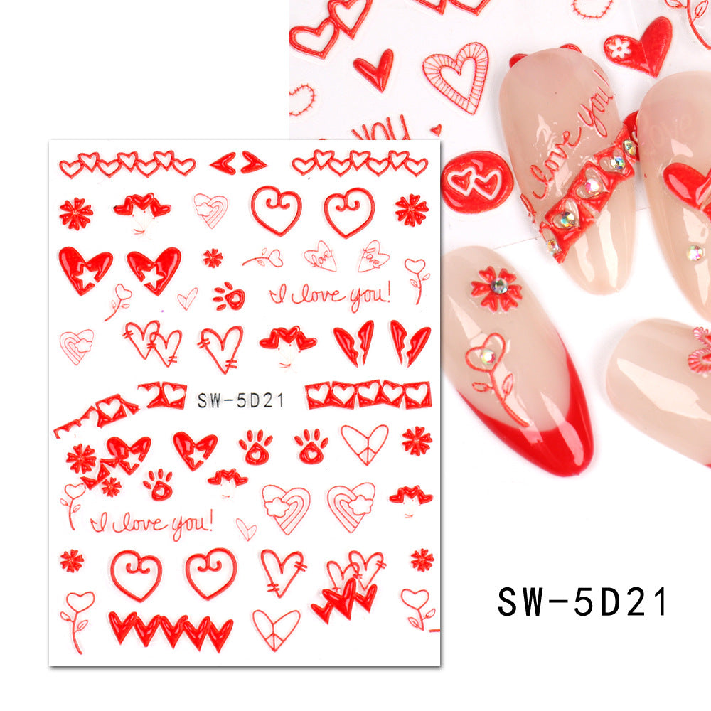 VAL023 Valentine's Day Nail Art Stickers Wholesale 5D Embossed Heart English Words Rose Cartoon Cute Nail Stickers