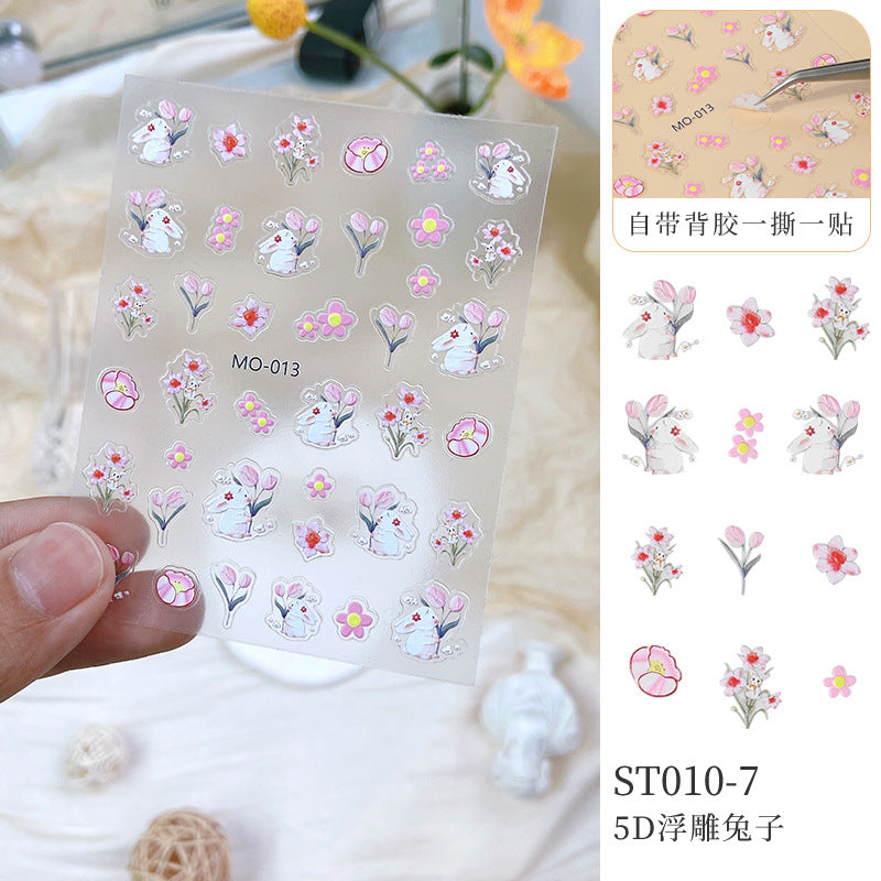 NDE072 Embossed 5D three-dimensional bronzing tulip cherry blossom rose rabbit nail art sticker