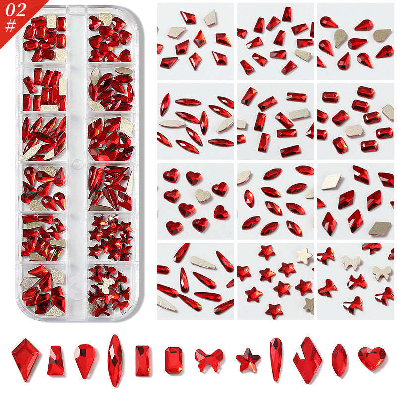 NDE074 Nail art accessories, flat-bottomed special-shaped diamonds, diamonds, water drops, love hearts, bows, square diamonds 12 grids, super flash temperature elf rhinestones