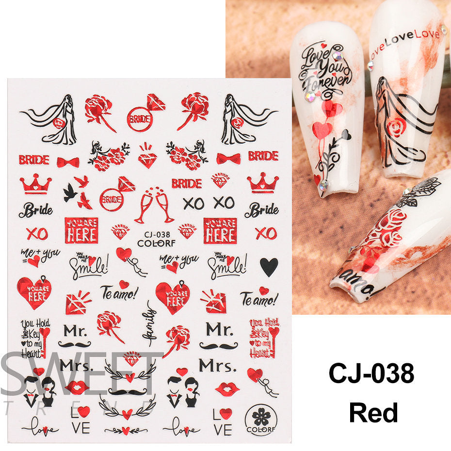 VAL022  Valentine's Day Nail Art Stickers Wholesale 3D Hot Stamping Laser Red Black Line Love Rose Lips Nail Stickers