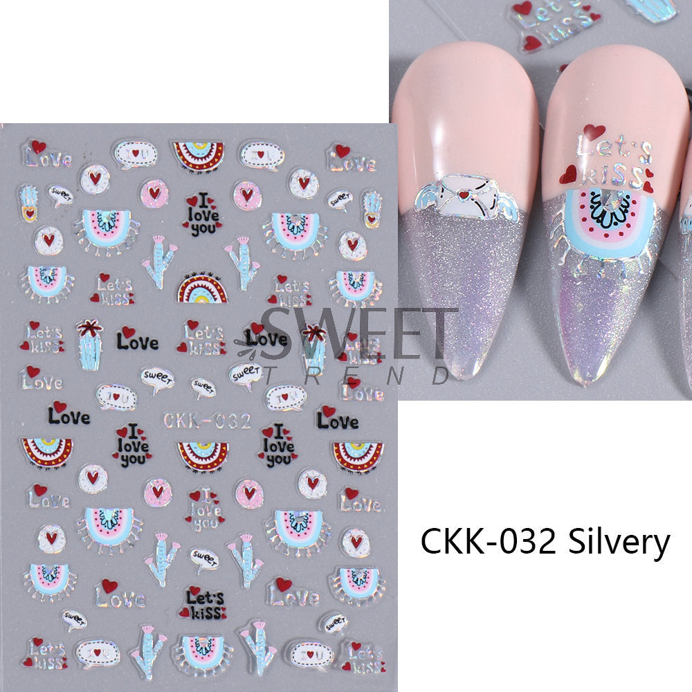 VAL025 New Valentine's Day Nail Art Stickers Ins Laser Silver Lip Print Love Letter Nail Adhesive Decal Wholesale