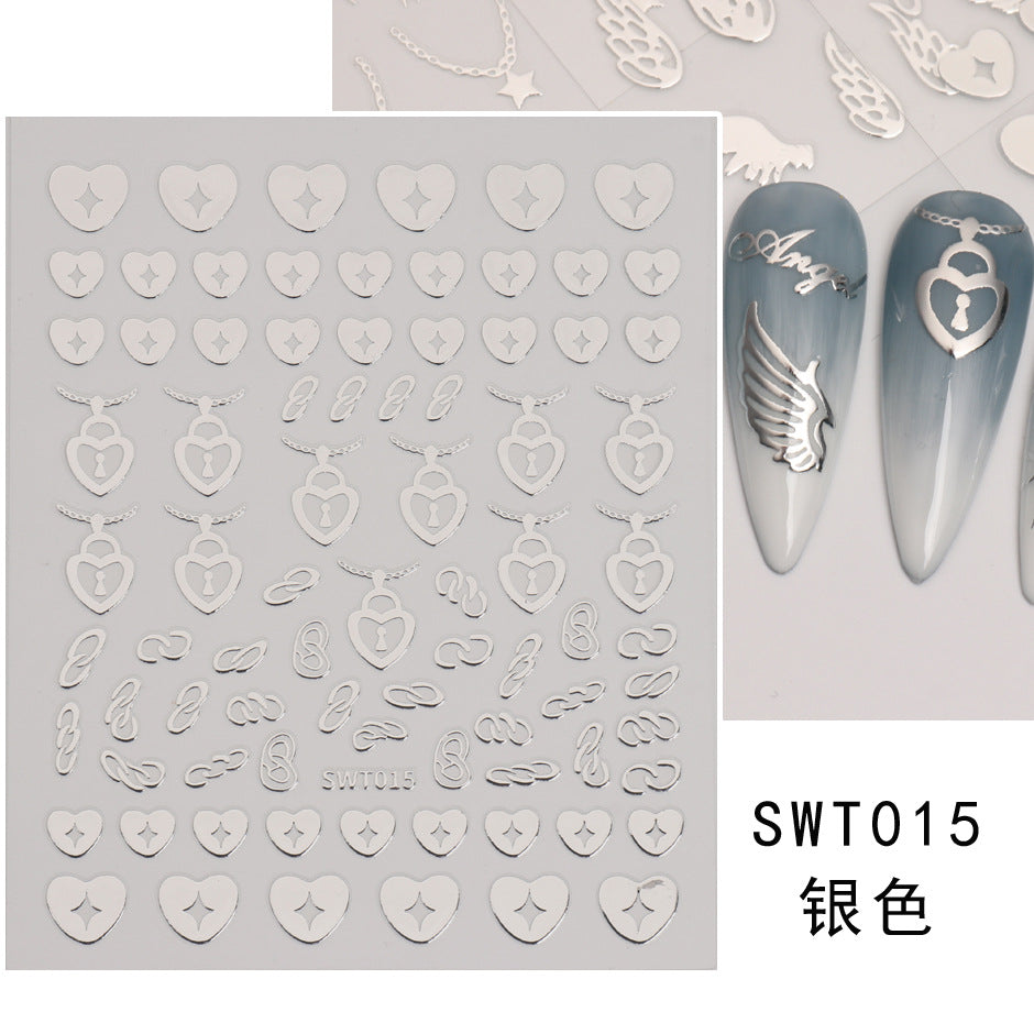 VAL009  Nail art stickers wholesale ins hot hot stamping silver star and moon wings angel love chain valentine's day nail stickers