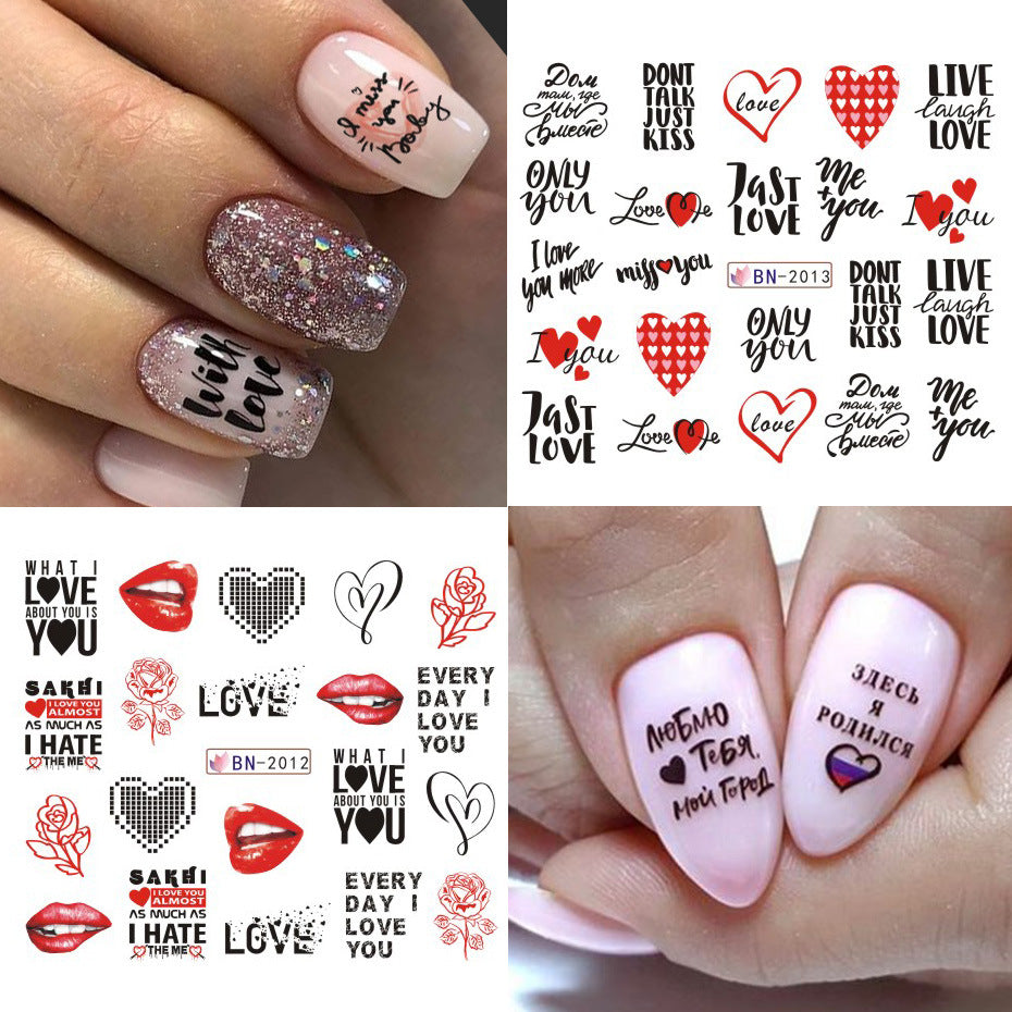 VAL035  New nail art stickers ins European and American Valentine's Day love lip print letter series nail watermark stickers