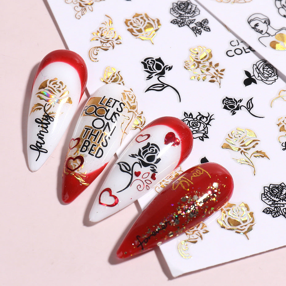 VAL033  New nail art stickers ins red, white, black and gold heart-shaped rose Valentine's Day adhesive nail sticker nail