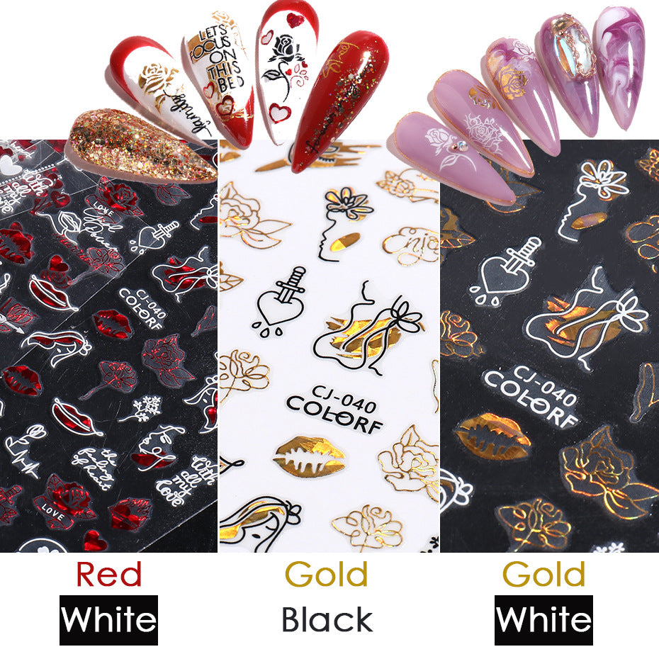 VAL033  New nail art stickers ins red, white, black and gold heart-shaped rose Valentine's Day adhesive nail sticker nail