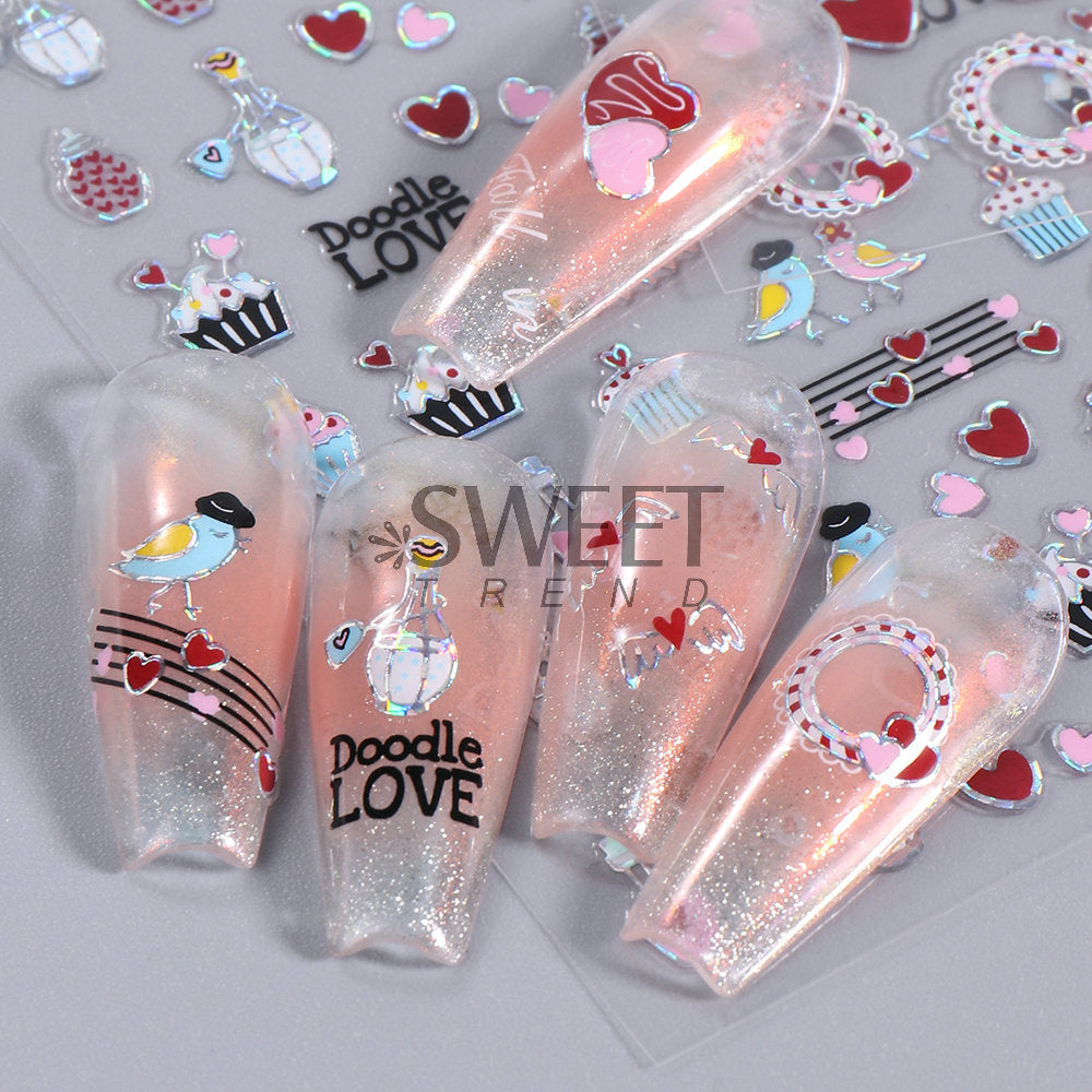 VAL025 New Valentine's Day Nail Art Stickers Ins Laser Silver Lip Print Love Letter Nail Adhesive Decal Wholesale