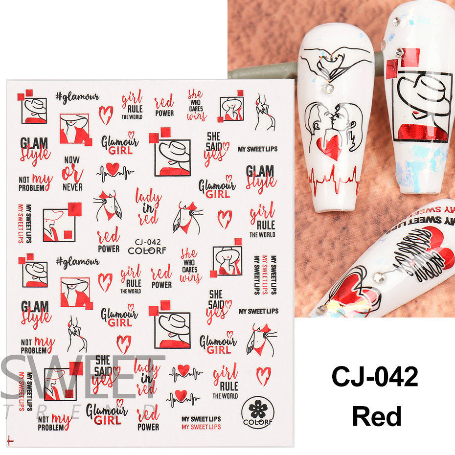 VAL022  Valentine's Day Nail Art Stickers Wholesale 3D Hot Stamping Laser Red Black Line Love Rose Lips Nail Stickers