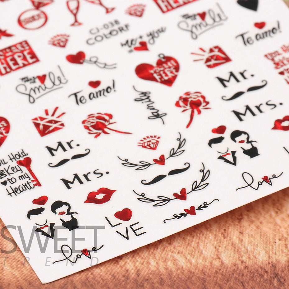 VAL022  Valentine's Day Nail Art Stickers Wholesale 3D Hot Stamping Laser Red Black Line Love Rose Lips Nail Stickers