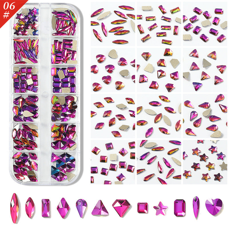 NDE074 Nail art accessories, flat-bottomed special-shaped diamonds, diamonds, water drops, love hearts, bows, square diamonds 12 grids, super flash temperature elf rhinestones