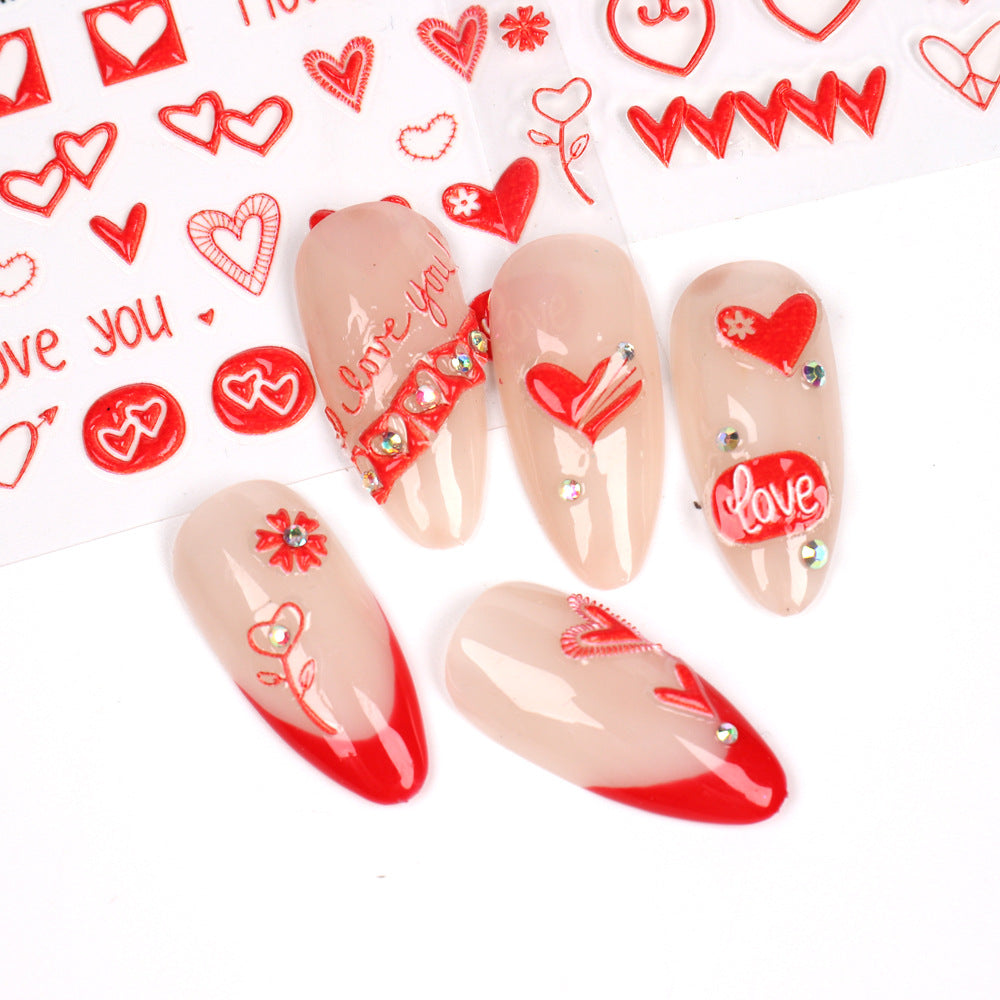 VAL023 Valentine's Day Nail Art Stickers Wholesale 5D Embossed Heart English Words Rose Cartoon Cute Nail Stickers