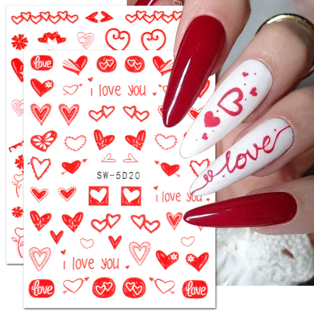 VAL023 Valentine's Day Nail Art Stickers Wholesale 5D Embossed Heart English Words Rose Cartoon Cute Nail Stickers