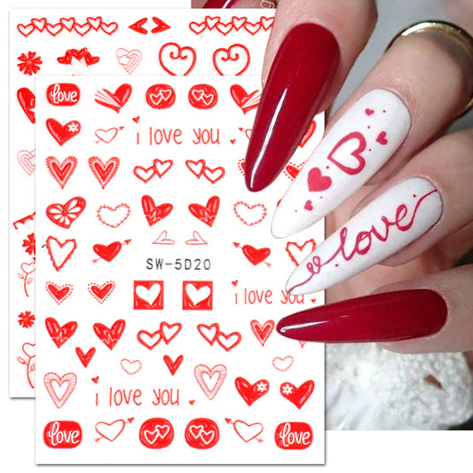 VAL023 Valentine's Day Nail Art Stickers Wholesale 5D Embossed Heart English Words Rose Cartoon Cute Nail Stickers