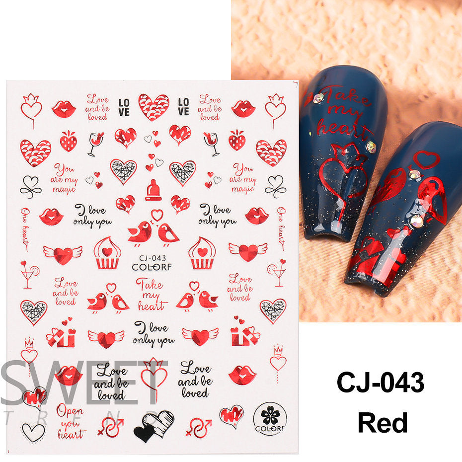 VAL022  Valentine's Day Nail Art Stickers Wholesale 3D Hot Stamping Laser Red Black Line Love Rose Lips Nail Stickers